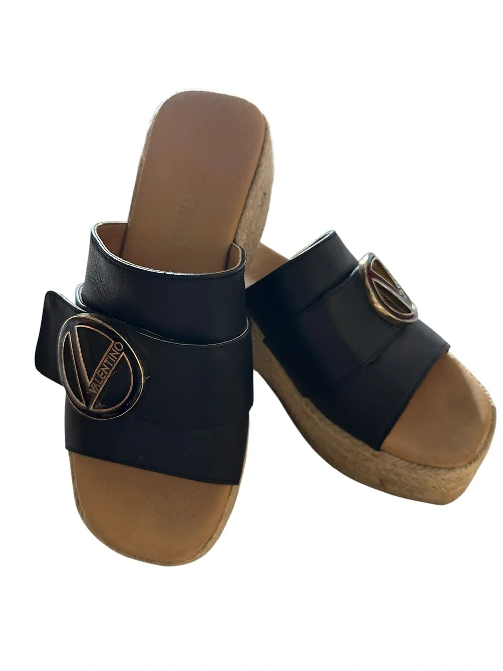 Valentino Black Leather Slide espadrille Sandals with Gold Logo Medallions sz 7